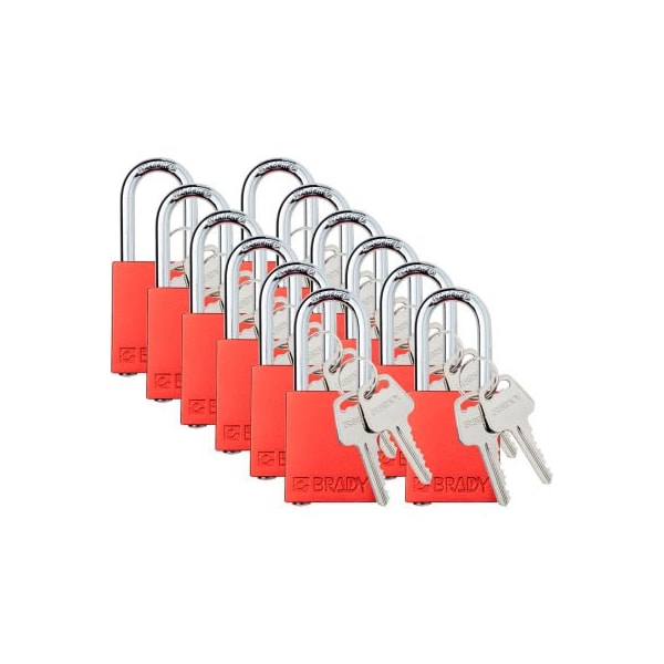 Brady Brady Safety Lockout Padlock, Keyed Different, 1-1/2in, Aluminum/Steel, Red, 12/PK SDAL-RED-38ST-KD12 - main